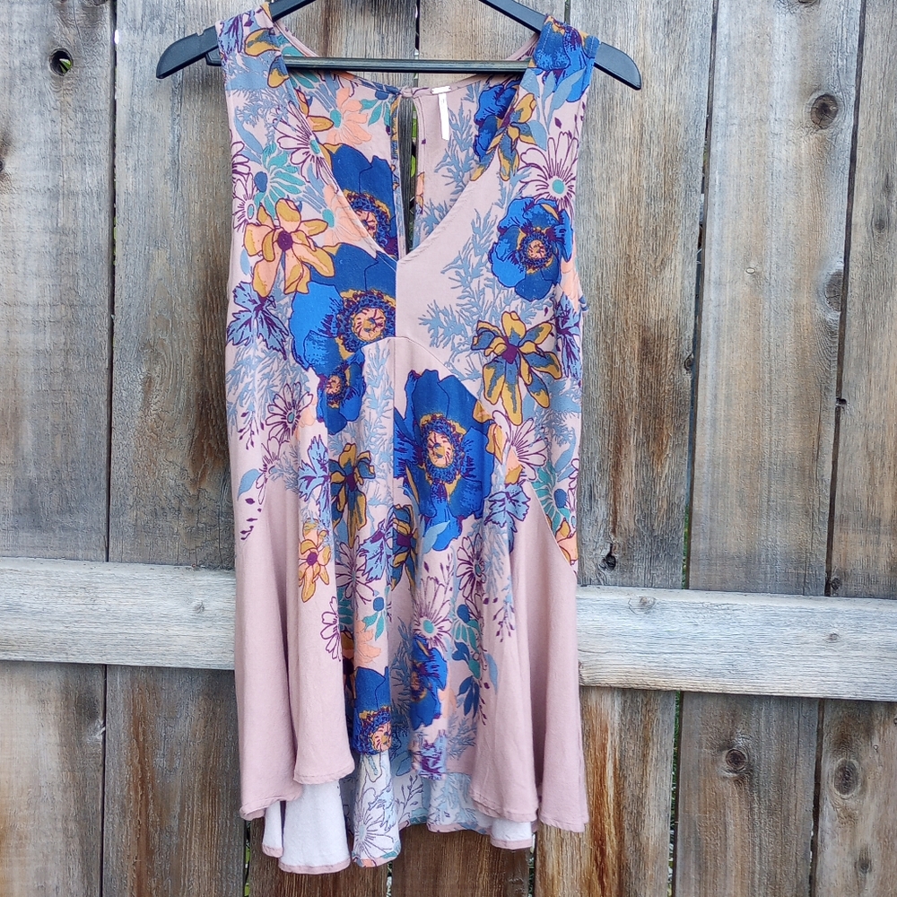 Free People Backyard Floral Cream Sleeveless Tunic Top Size S
